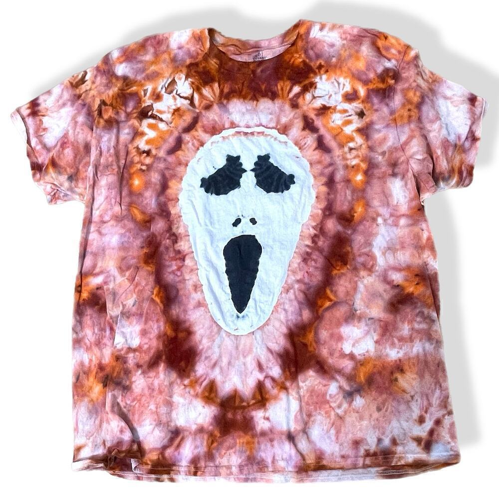 handmade tie dyed t shirt Halloween Scream mask orange 3XL